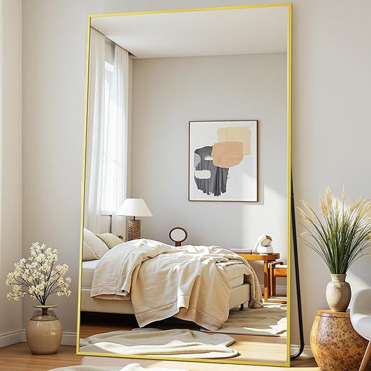Full-Length Floor Mirror with Stand, 72"x44" Rectangle Style Full Body Standing Mirror for Bedroom, Living Room, Gym, Dorm - Shatter-Resistant & Easy Assembly, Gold-DeskLoop Office