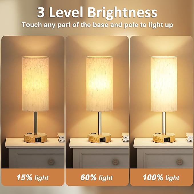 Fenmzee Small Touch Table Lamps Set of 2-3-Way Dimmable, USB A + C Charging - Image 3