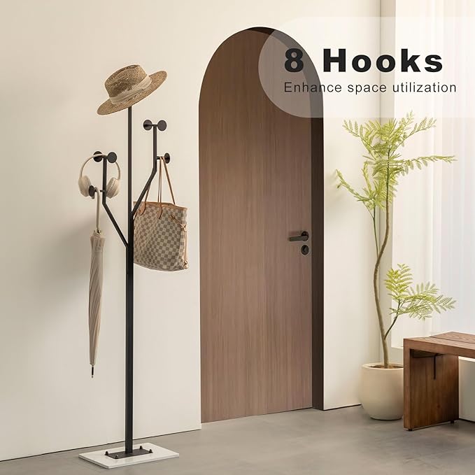 Heavy Duty Coat Rack Tree-shaped Metal Freestanding Coat Tree with Sturdy Marble Base Corner Coat Rack for Bedroom Entryway Hallway 14.96 x 10.24 x 68.9 Inches (Black)-DeskLoop Office