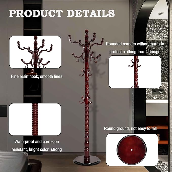Coat Racks Free Standing with 14 Hooks, Natural Wood Coat Rack with Solid Round Base, Adjustable Height Coat Racks, Easy Assembly for Hallway, Bedroom and Office (Reddish brown)-DeskLoop Office