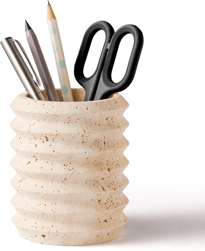 Pen Holder Stand for Desk, Natural Travertine Stone Makeup Brush Holders by WORHE