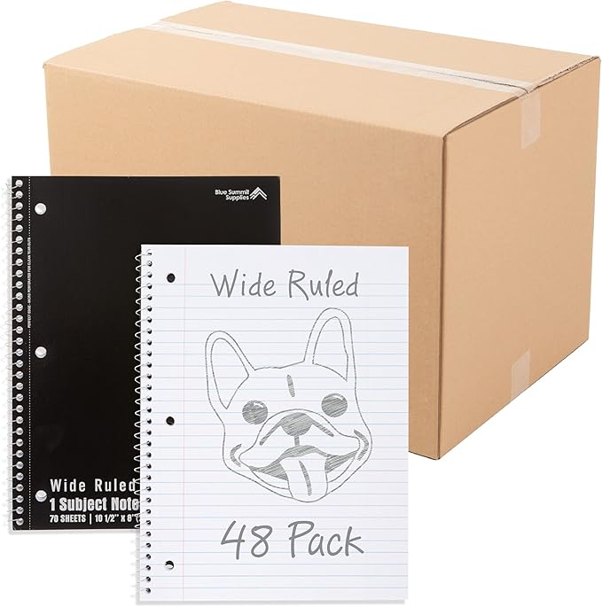 Blue Summit Black Wide Ruled Spiral Notebooks Bulk, 1 Subject Spiral Notebook Wide Ruled, Paper School Bulk Notebooks, 48 Pack-DeskLoop Office