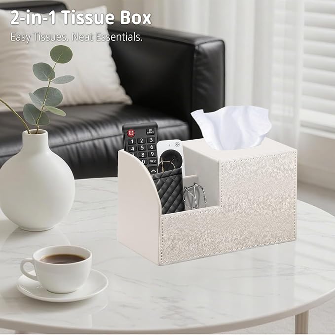 Square Tissue Box Cover with Storage, PU Leather Cube Tissue Box Holder - Image 3