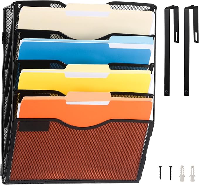 EASEPRES 5 Pocket Mesh Hanging Wall File Organizer with Hangers & Nametag Label, Wall Mounted Mail Paper Document Folder Holder, Clipboard Storage Organization Magazine Rack for Office Cubicle, Black-DeskLoop Office
