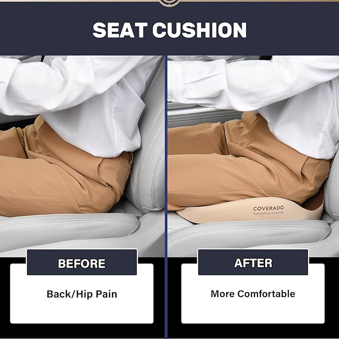 Coverado Car Seat Cushion, Memory Foam Office Chair Cushion for Car, Everlasting Comfort Sciatica & Hip & Tailbone Pain Relief Cushion for Long Sitting Driver Office Worker-Beige-DeskLoop Office