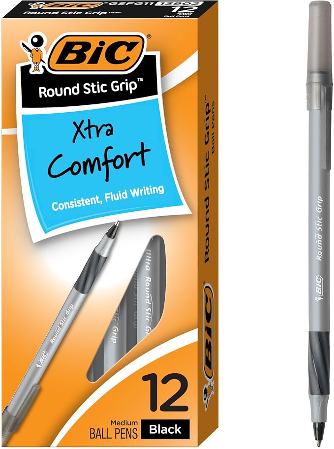 BIC Round Stic Grip Xtra Comfort Black Ballpoint Pens, Medium Point, 12-Count by BIC