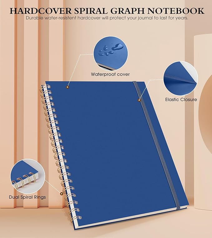 Graph Paper Notebook, Spiral Notebook Journal 8.5” x 11”, A4 Large Grid Notebooks for Women Men, 100 GSM Graph Paper, Plastic Hardcover Spiral Graphing Journals for Work School Engineering, Navy-DeskLoop Office