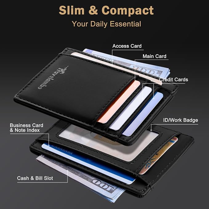 Travelambo Slim Wallet Front Pocket Minimalist Leather RFID Blocking Medium Size - Image 3