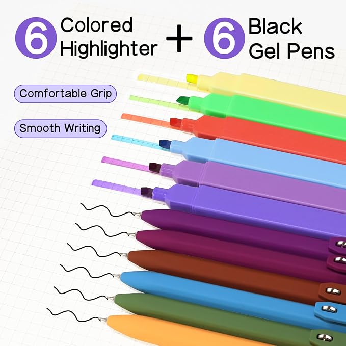 Piochoo Highlighters and Pens Set, 6 Pack Highlighters Assorted Colors and 6 - Image 2