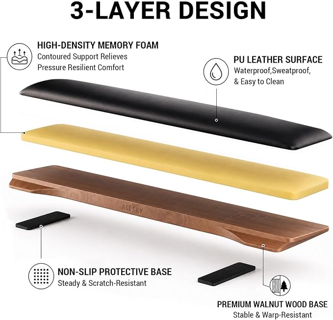 Keyboard Wrist Rest with Memory Foam Anti-Slip Rubber Base Ergonomic Wooden - Image 3