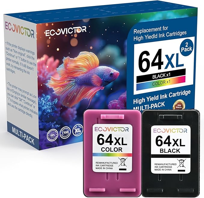 Remanufactured 64XL Ink Cartridges Black/Color Replacement for HP 64XL Ink Cartridge Combo Pack HP Ink 64 for Envy 7855 7858 7155 7800 6252 6255 7100 7164 7200e 7955e 7900e Tango X Printer-DeskLoop Office