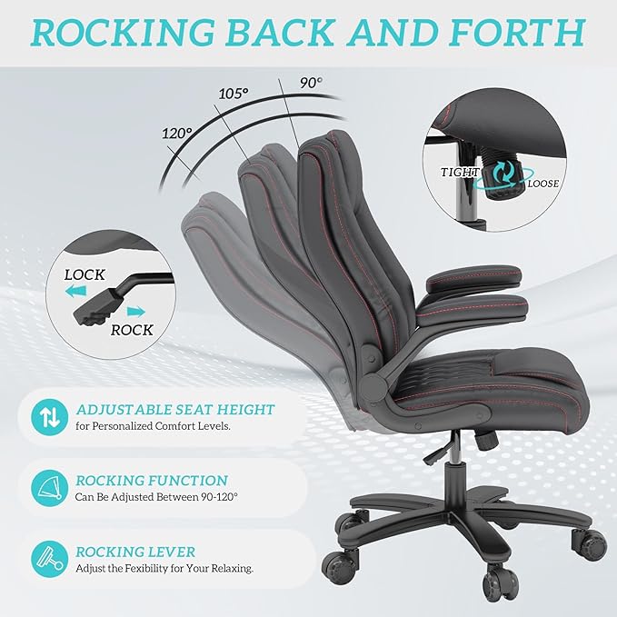 GYI High Back Executive Office Chair, Big and Tall Office Desk Chair 400LBS with Lumbar Support, Flip-up Armrests, Rubber Wheels, Black-DeskLoop Office