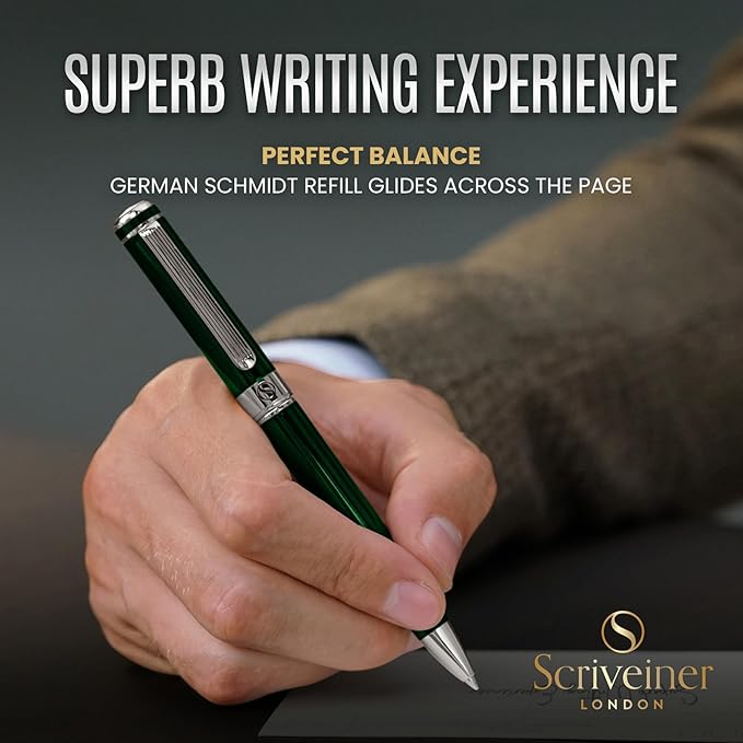 Scriveiner Green Ballpoint Pen - Stunning British Racing Green Luxury Pen, Chrome Finish, Schmidt Black Refill, Best Ball Pen Gift Set for Men & Women, Professional Executive Office, Nice Designer Pen-DeskLoop Office