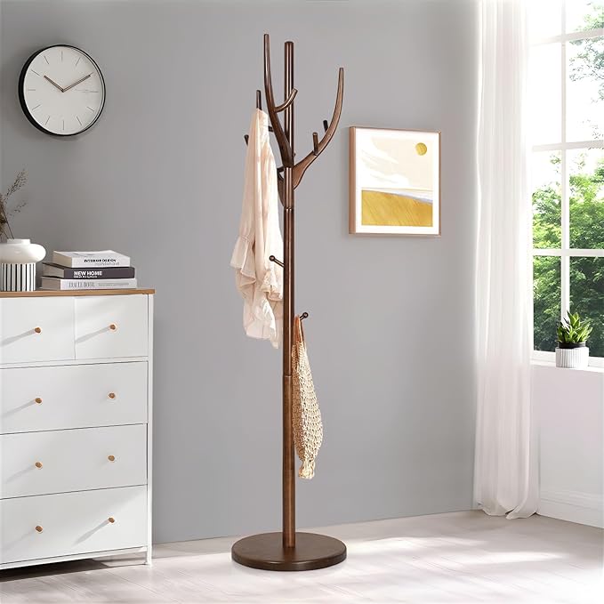 Wood Coat Rack, Coat Tree Freestanding Wooden Coat Rack Stand with 12 Hooks, Heavy Duty Hall Tree Coat Hat Stand with Sturdy Base, Free Standing Coat Racks for Entryway, Bedroom, Brown-DeskLoop Office