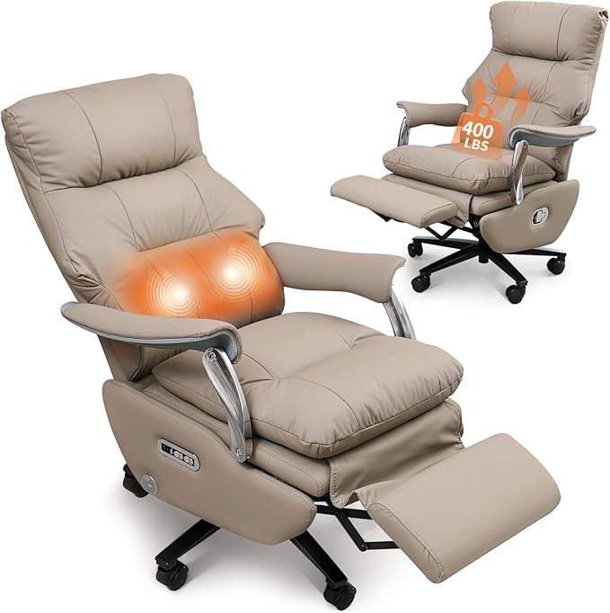 Executive Office Chair with Footrest,Sustainable Leather Electric Ergonomic Reclining Home Office Desk Chairs with Massage,Big and Tall Comfy Computer Chair with Wheels High Back 400LB,Khaki-DeskLoop Office