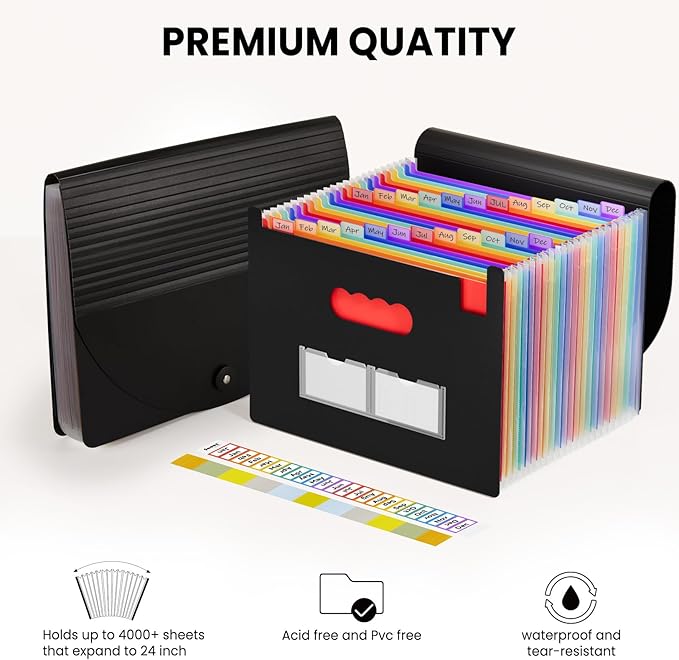 Sooez 24 Pockets Expanding File Folder with Blank Labels, According File Organizer with Expandable Cover, Desktop Accordion Folders Letter A4 Paper Document Storage Organizer, White