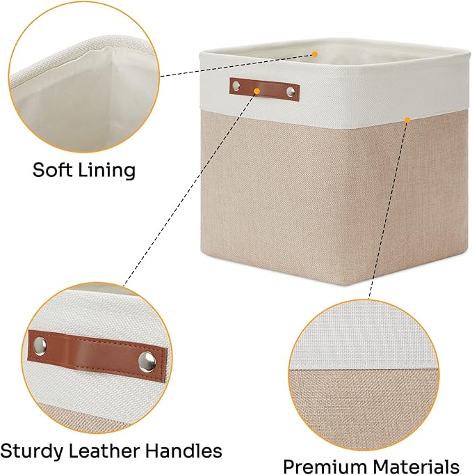 DULLEMELO Fabric Storage Cubes,13 inch Cube Stroage Bins for Empty Gift Basket,Toy Nursery Storage Linen Closet Organizers and Storage Baskets Shelves Bins(White&Khaki)-DeskLoop Office