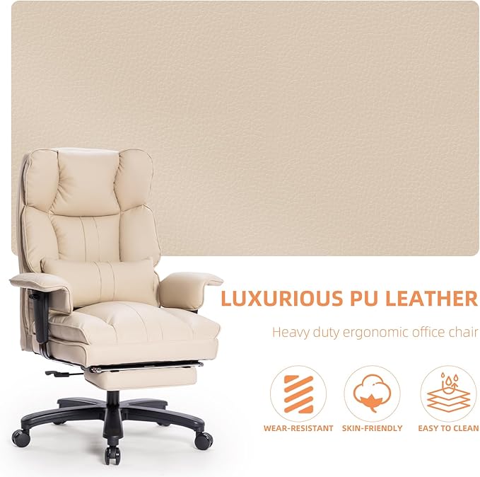 Big and Tall Office Chair 500lbs Wide Seat Executive Office Desk Chair High-Back Office Task Chair with Foot Rest, Ergonomic Lumbar Support Computer Office Chairs for Heavy People(Beige)-DeskLoop Office