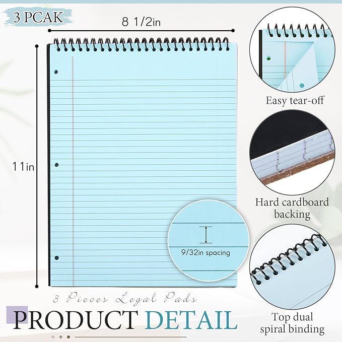3 Packs 8.5" x 11" Top Spiral Notebook with 3 Hole Punched Legal Pads College Ruled Notepad 50 Sheets Hard Cardboard Paper Wirebound Notepad for Office School Business (Blue)-DeskLoop Office