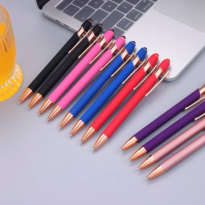 12 PCS 2 in 1 Stylus Ballpoint Pen with Stylus Tip, 1.0 mm Black Ink Metal Pen Stylus Pen for Touch Screens (Rose glod & 6 Colors)-DeskLoop Office