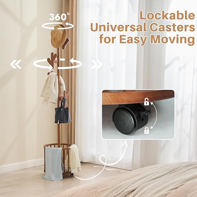 Uniclinens Solid Wood Coat Rack Freestanding with Umbrella Holder, Tree Coat Rack Stand with Lockable Universal Casters & 12 Hooks for Entryway Bedroom, Walnut-DeskLoop Office