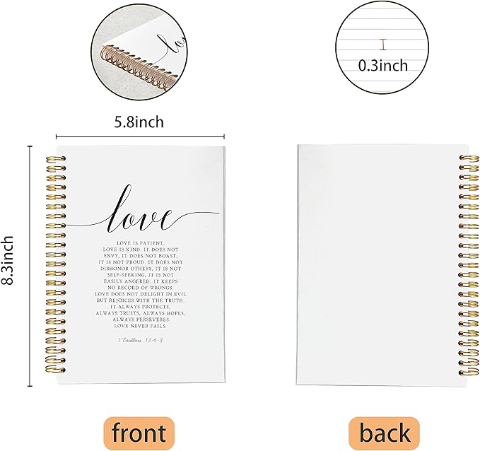 VNWEK Christian Notebook,Bible Journaling Notebook,Bible Journal,Church Notes Notebook,1 Corinthians 13:4-8 Love Never Fails Spiral Notebook Journal 5.5x8.3 Inch,Christian Journals for Women-DeskLoop Office
