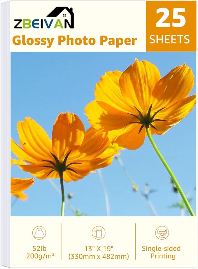 ZBEIVAN 13x19 Photo Paper, Glossy Photo Papers 25 Sheets, 13 x 19 Inkjet Printer Photo Paper for Dye Ink, 200 GSM-DeskLoop Office