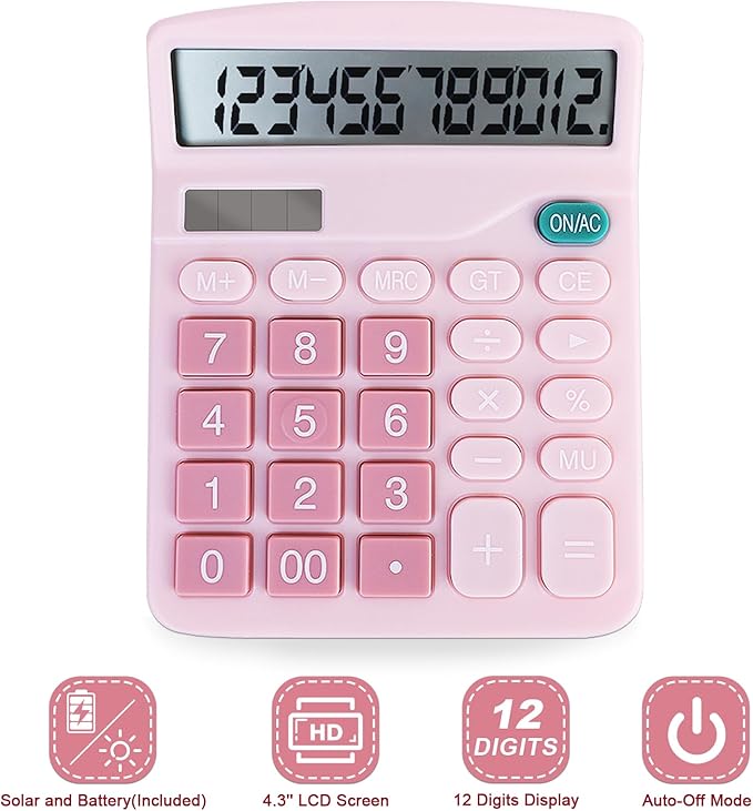 Basic Calculator with Comfortable Large LCD Display, 12 Digits Calculators Desktop, Tilt Screen, Big Button, Desk Calculator with Dual Power (Solar & Battery Included) (Pink)-DeskLoop Office