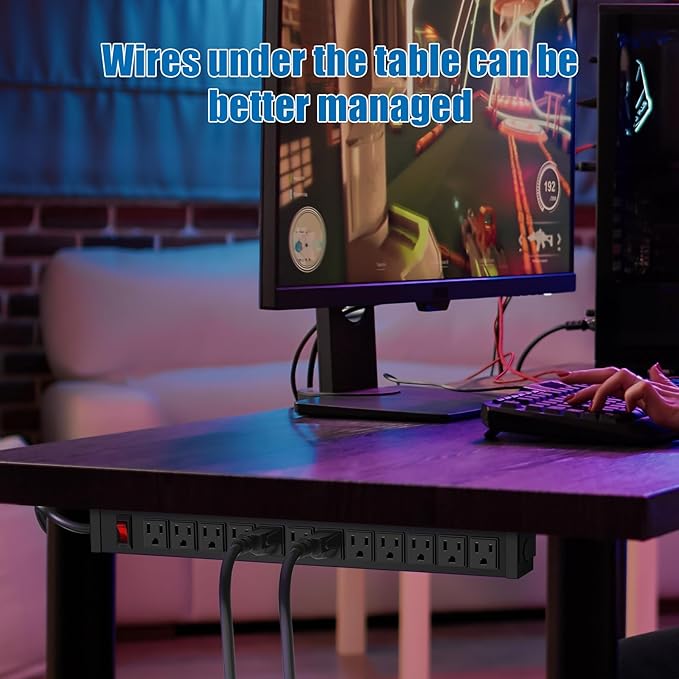 HHSOET Rotating Mountable Power Strip, 12 Outlet Wall Mount Surge Protector, Metal Heavy Duty and Versatile Outlet Strip, Stylish Appearance, Sturdy and Durable, 15ft Power Cord.(Black)-DeskLoop Office