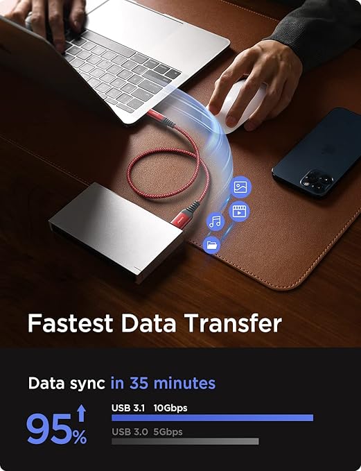 AINOPE 10Gbps Micro B to USB C Hard Drive Cable, [Nylon Braided] USB C to Micro B Cord, USB C to External Hard Drive Cable for Seagate WD Westgate, iPhone 16 Pro MacBook Air M2 Pro, 1.6FT, Red-DeskLoop Office