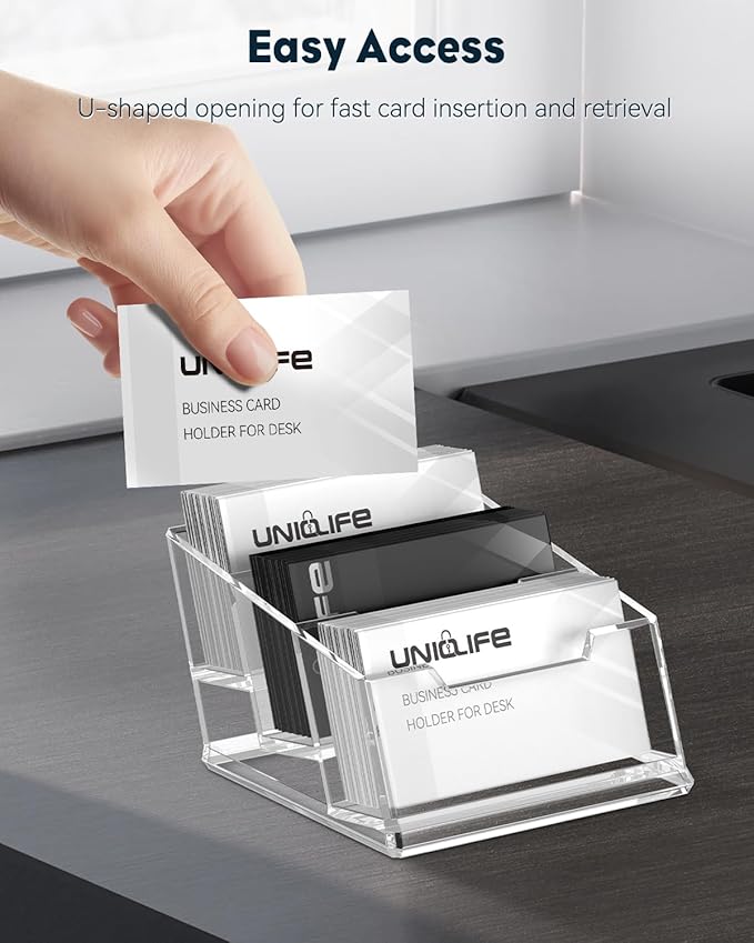 Uniclife Acrylic Business Card Holder for Desk 3 Slots Clear Business Card Display Stand for Men & Women Desktop Business Card Organizer Card Stand for Office Home Exhibition, 180 Card Capacity-DeskLoop Office