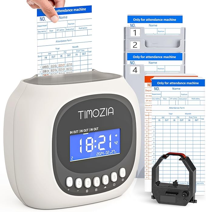 Time Clocks for Employees Small Business, Auto-Align Time Clock, 6 Punches per Day Time Machine, Clock in Machine for Employees with 100 Time Cards, 2 Ink Ribbons and 4 Racks(Military time)-DeskLoop Office