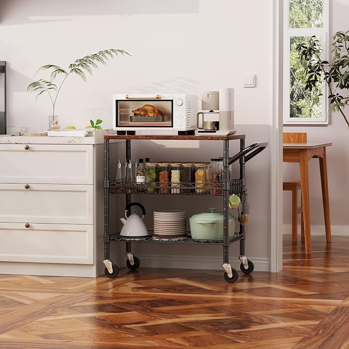 WDT 3 Tier Rolling Carts with Wheels, Heavy Duty Rolling Utility Cart with Wood - Image 2
