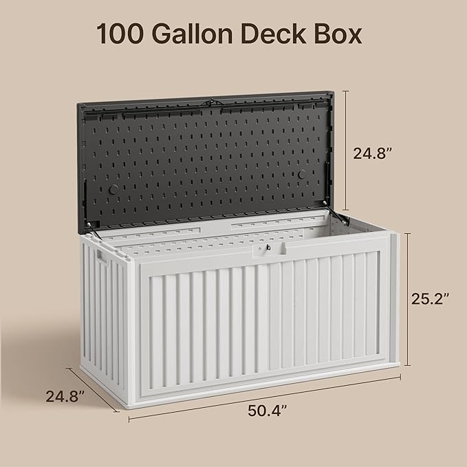 Gizoon 100 Gallon Deck Box, Resin Outdoor Storage Box with Lockable Lid, Waterproof and UV Resistant, Perfect for Storing Patio Mats, Garden Tools, Home and Outdoor Organization-DeskLoop Office