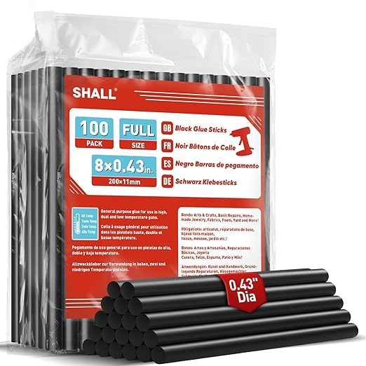 SHALL Full Size Hot Glue Sticks, 0.43” Dia x 8” Long, 100 Pack Black Glue Gun Sticks for All-Temp Glue Guns, Hot Melt Adhesive Glue Sticks Multipurpose for DIY Art Craft Sealing Repair Festival Decor-DeskLoop Office