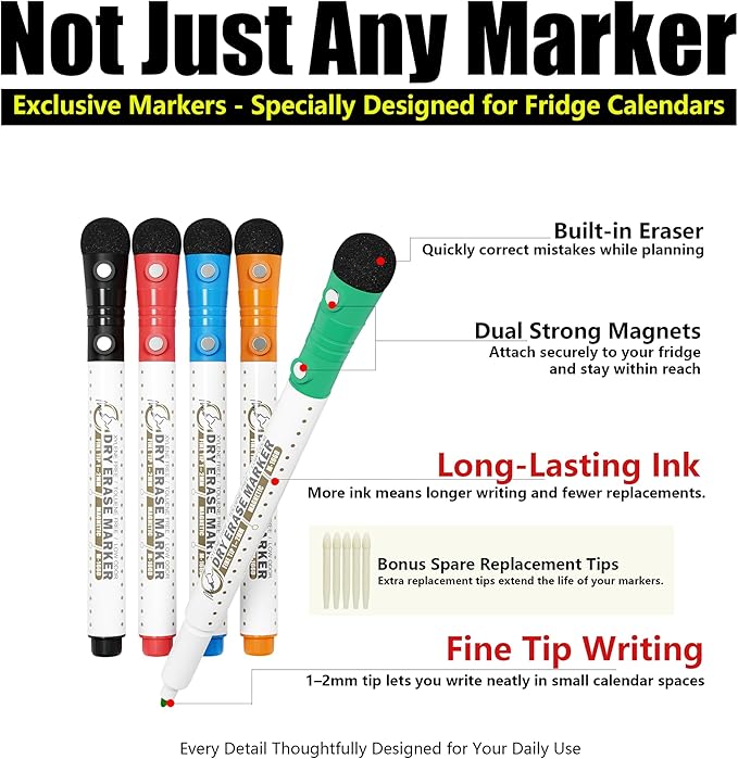 Magnetic Dry Erase Whiteboard Markers, 1mm Fine Tip, 5 Pack Classic | Fridge - Image 2