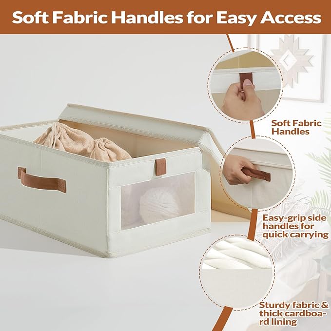 Fabric Storage Bins with Lids, Collapsible Closet Organizer with Sturdy Handles, Clear View Window, Stackable Storage Baskets for Clothes, Towels, Books, Hand Pull Closet Organizer Boxes-4-Pack, Beige-DeskLoop Office