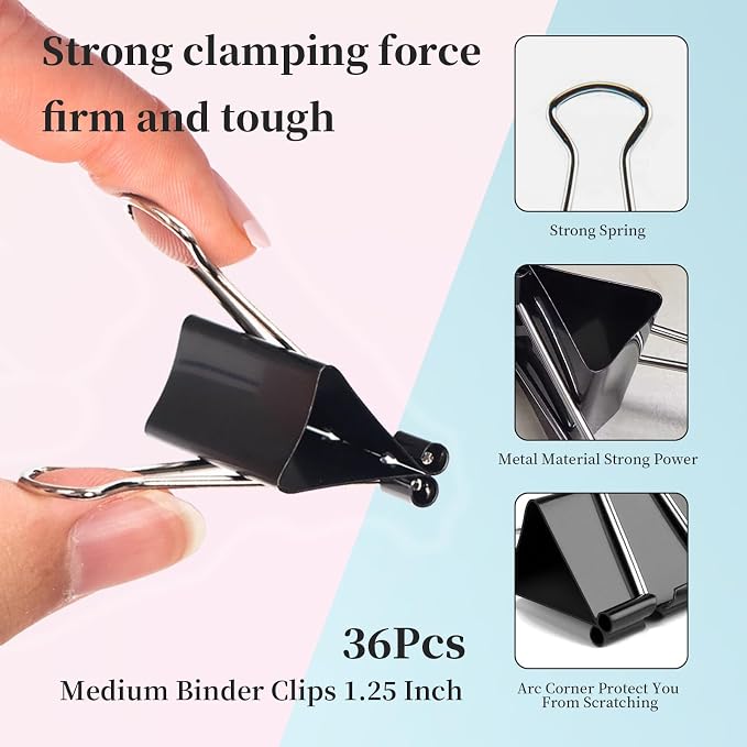 Medium Binder Clips, 36 Pack, 1-1/4 Inch, 1.25 Inch, Standard 32mm, Capacity - Image 2