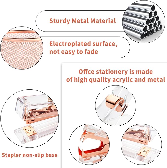 Rose Gold Desk Accessories, Office Supplies Set with Acrylic Stapler, Tape Dispenser, Staple Remover, Pen Holder, Scissor, Binder Paper Clips, 1 Ballpoint Pen, 1 Clear Tape and 1000pcs Staples