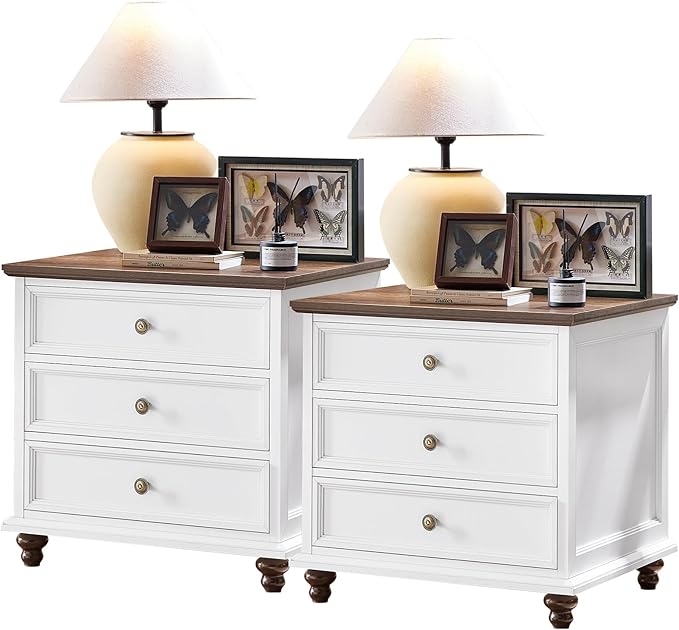 24" Wide Farmhouse Night Stand Set of 2,Large End Table with 3 Drawers & Metal Handle,White Wood Dresser for Bedroom Cabinet, Bed Side Table Chest of Drawers,Nightstand for Living Room,Closet-DeskLoop Office