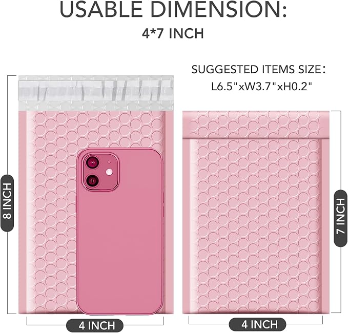 GSSUSA Light Pink Bubble Mailers, 4x8 Small Padded Envelopes, 800 Pack - Image 2