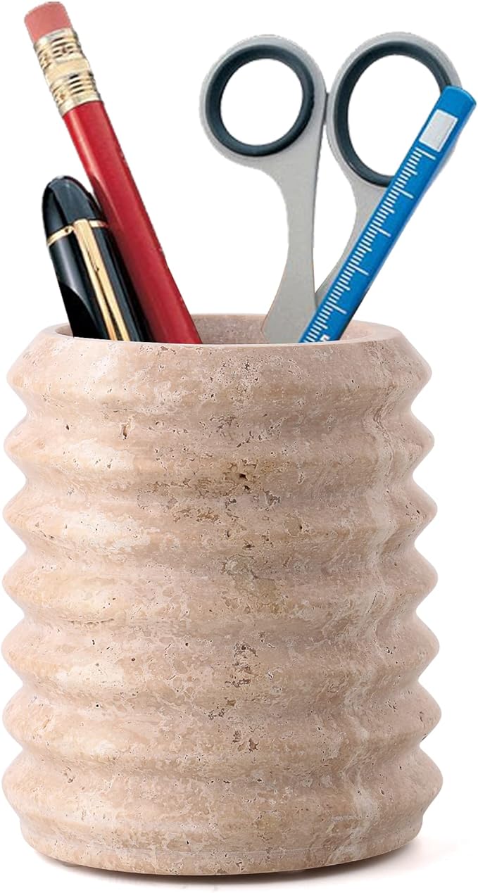 WORHE Pen Holder Stand for Desk, Natural Travertine Stone Makeup Brush Holders, Modern and Functional Pencil Cup for Office Supplies Tableware Organizer for Home Decor School Beige (PH90110)-DeskLoop Office