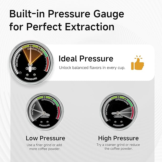 HIBREW H10B - 51mm Espresso Machine - Temperature & Cup Volume Adjustable at will - With Intelligent Display Screen & Pressure Gauge - Stainless Steel Body(Metallic Grey)-DeskLoop Office