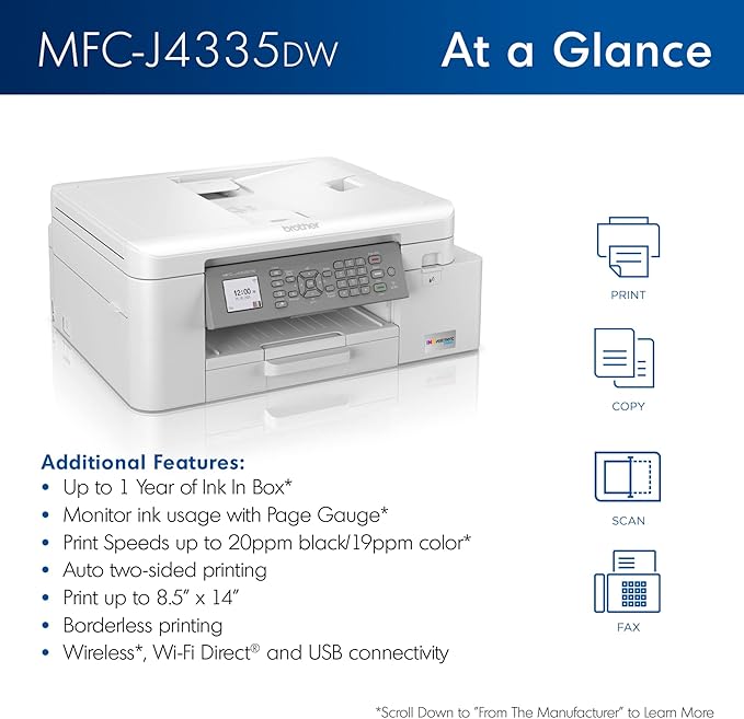 Brother MFC-J4335DW INKvestment Tank Wireless All-in-One Color Inkjet Printer, Up to 1-Year of Ink in-Box, Duplex Printing, Mobile and Cloud Print, Works with Alexa-DeskLoop Office