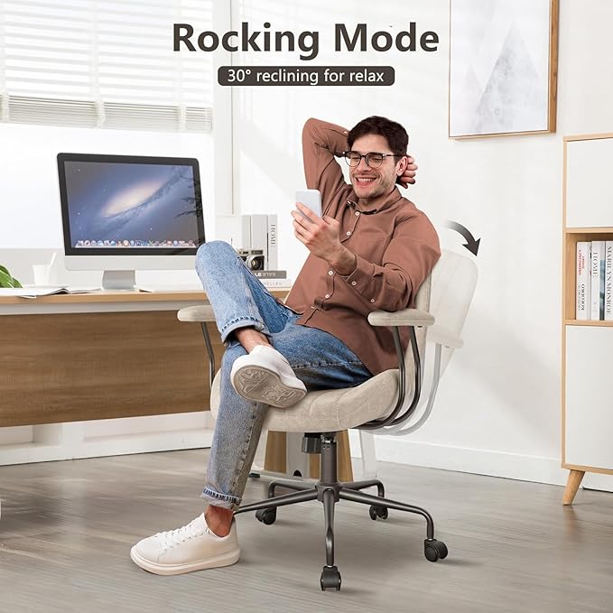 Mid Century Modren Office Chair - Swivel Executive Chair with Lumbar Support, Mid Back Ergonomic Computer Desk Chair with Wheels,Faux Lether Suede Task Chair,350lbs (Beige, Mid Back)-DeskLoop Office