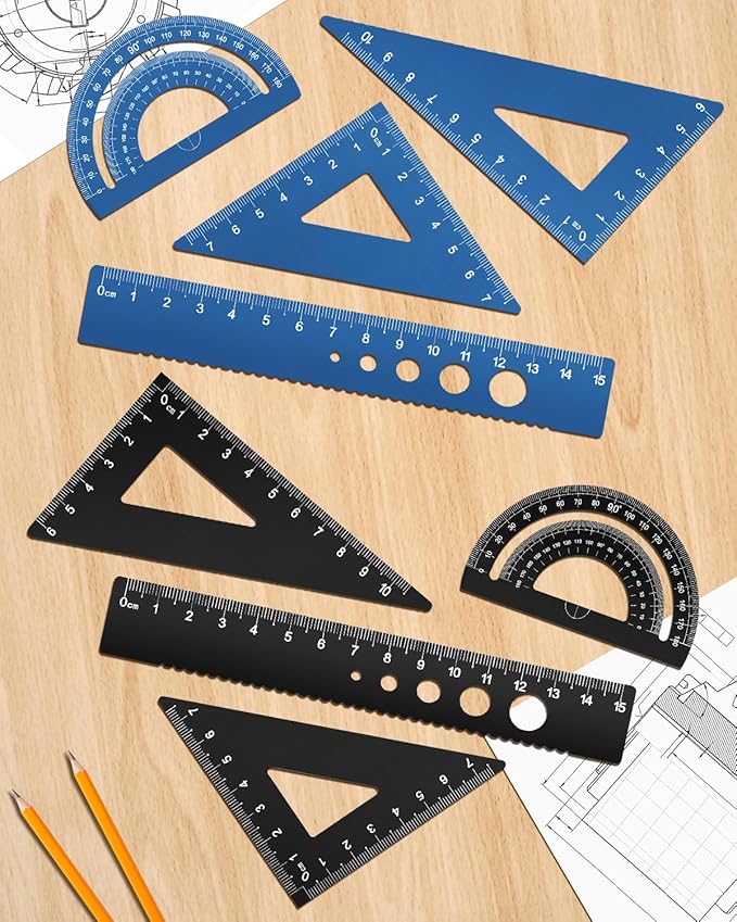 Honagu Triangular Ruler Set, 8 Pieces/2 Sets Aluminum Alloy Ruler, Metal Drafting Ruler, Geometric Protractor for Students, Draftsmen, Engineers, School Office Supplies (Blue+Black)-DeskLoop Office