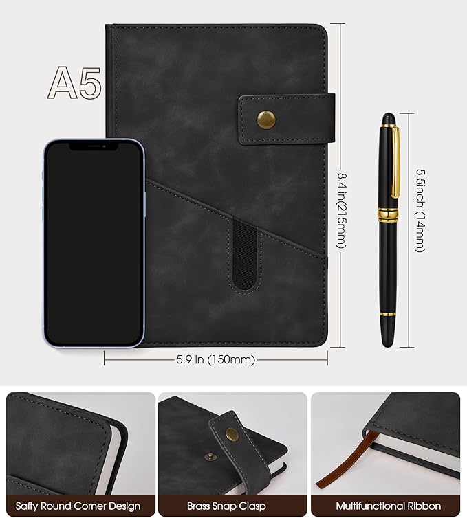 Black A5 Lined Leather Journal Notebook for Men Women,5.9" X 8.4" Personalized Hardcover Journal with Pen,200 Pages 100 Gsm Thick Ruled Paper Daily Diary for School,Travel,Work,Writing-DeskLoop Office