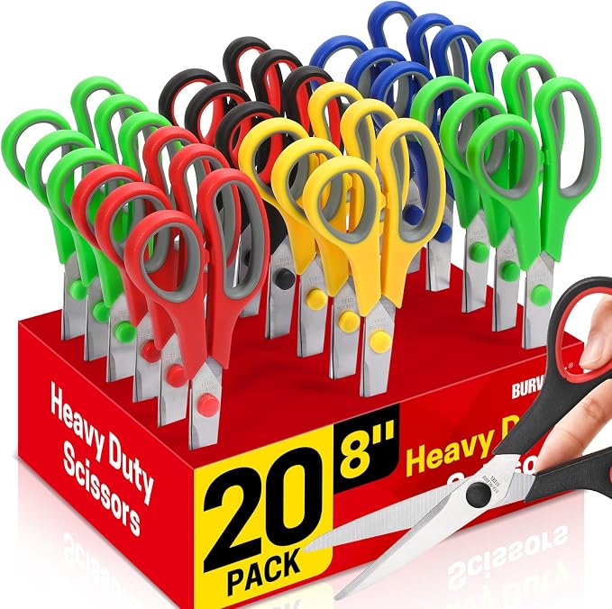 BURVAGY 8" 20 Pack All Purpose Heavy Duty Scissors- Comfort-Grip Sharp Scissors by BURVAGY
