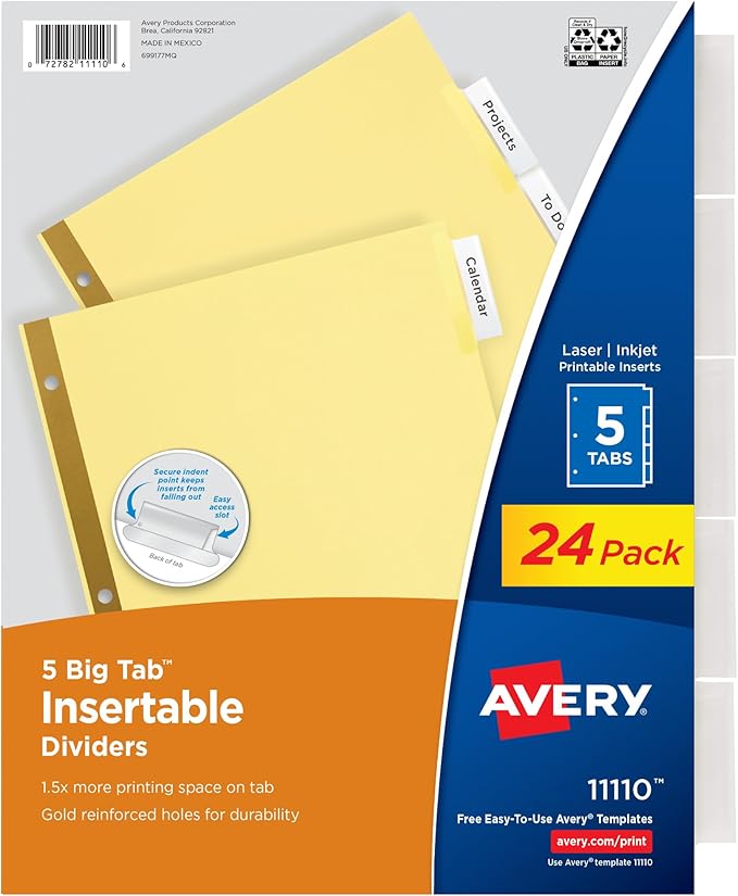 Avery Insertable Dividers for 3 Ring Binder, 5-Tab Set, Buff Paper by Avery