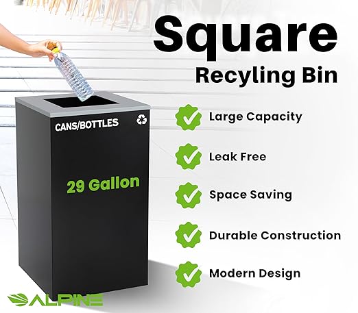 Alpine Commercial Indoor Recycle Bin - 29 Gallon Modern Looking Black Recycle Bin, Office Recycling Bins, Metal Trash and Recycling Container with Stickers & 3 Optional Lids (lid Sold Separately)-DeskLoop Office
